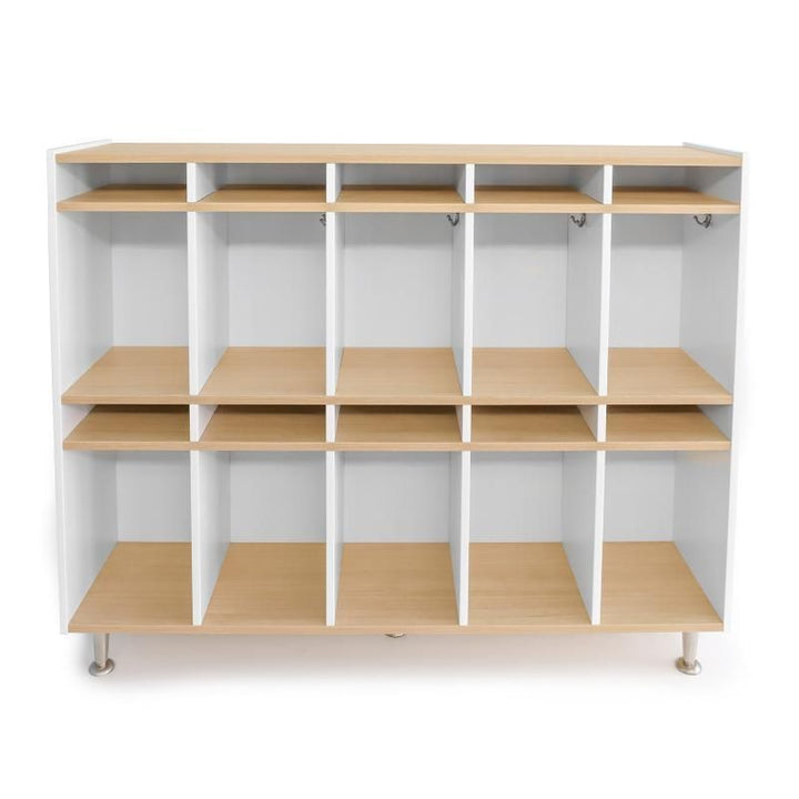 Empty Whitney Brothers elevatED 10 Section Coat Locker showing double hooks, upper cubbies and brushed nickel legs on a two-tone preschool coat locker