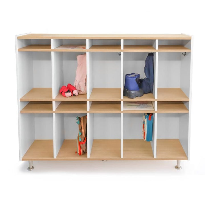 Front view of the Whitney Brothers elevatED 10 Section Coat Locker in white and oak, daycare cubbies organizing boots, backpacks and artwork for ten children
