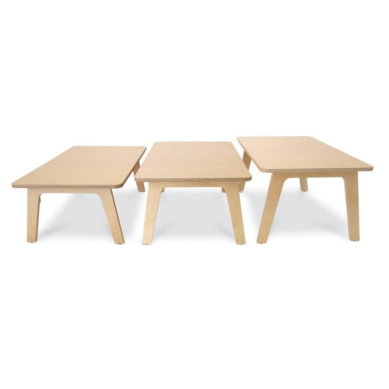 Three Whitney Plus Rectangle Tables by Whitney Brothers side by side, showing the preschool rectangle table in different classroom table heights