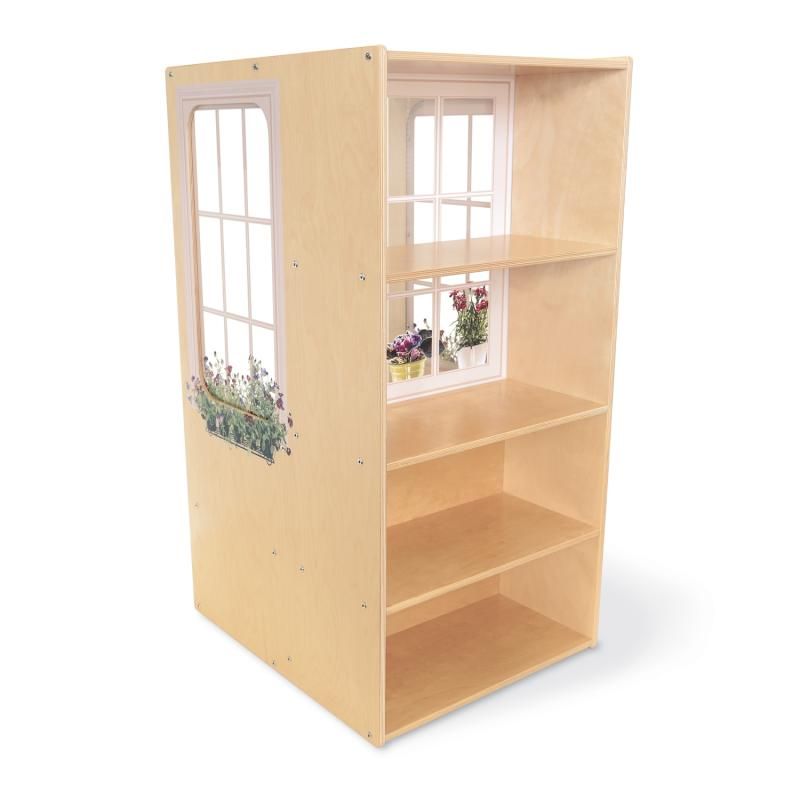 Back view of the Whitney Brothers Nature View Window Seat showing four fixed birch plywood shelves, a reading nook with bookshelf storage for classroom books and games