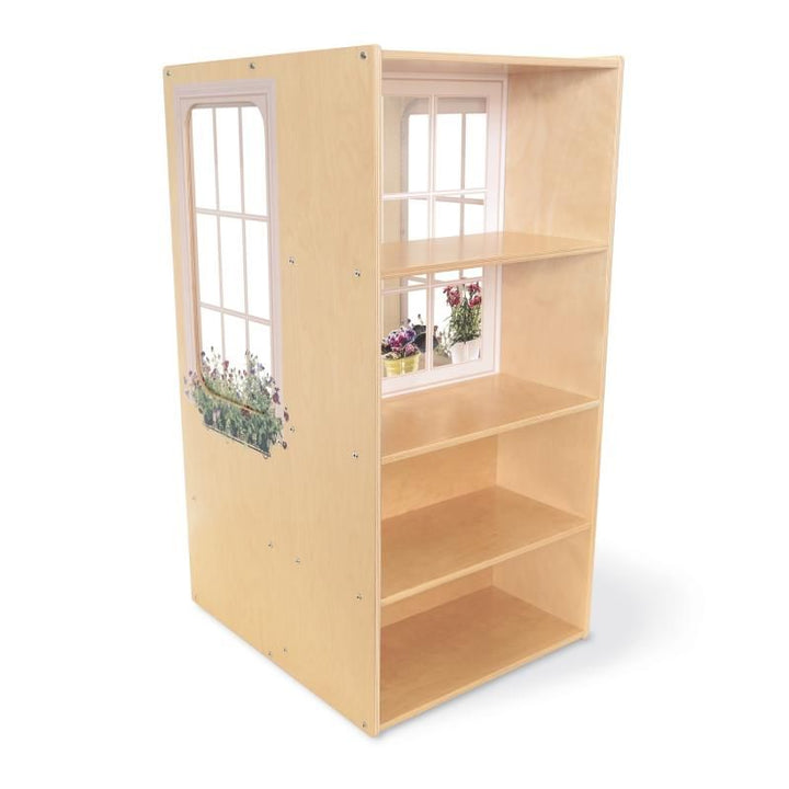Back view of the Whitney Brothers Nature View Window Seat showing four fixed birch plywood shelves, a reading nook with bookshelf storage for classroom books and games