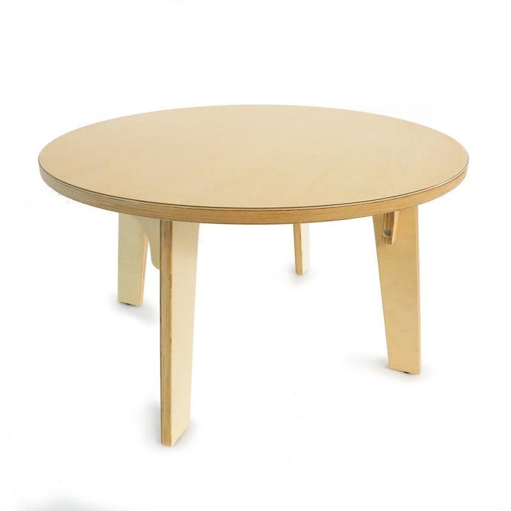 Whitney Brothers Whitney Plus Round Table at 20 inches high, shown from the side with its scratch-resistant maple top and angled birch legs, a durable round activity table for classrooms