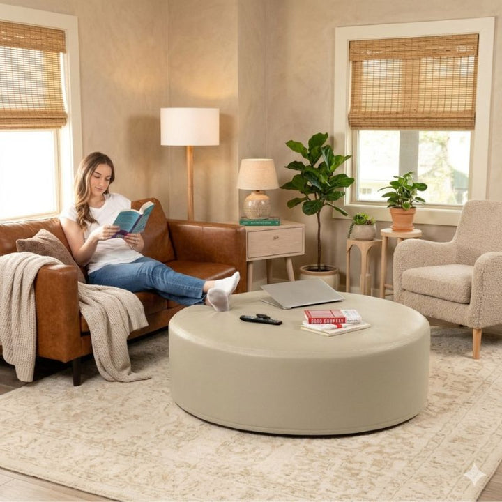 Jaxx Candler round ottoman in pale cream, used as a coffee table alternative in a styled living room