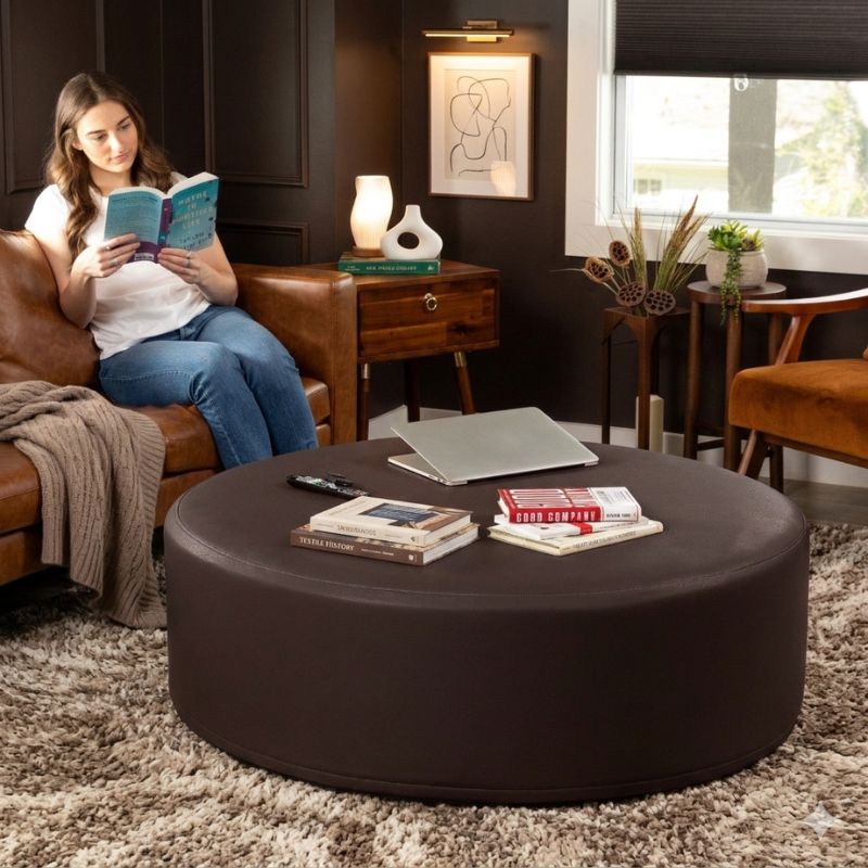 Jaxx Candler round ottoman in dark chocolate brown, used as a coffee table alternative in a styled living room