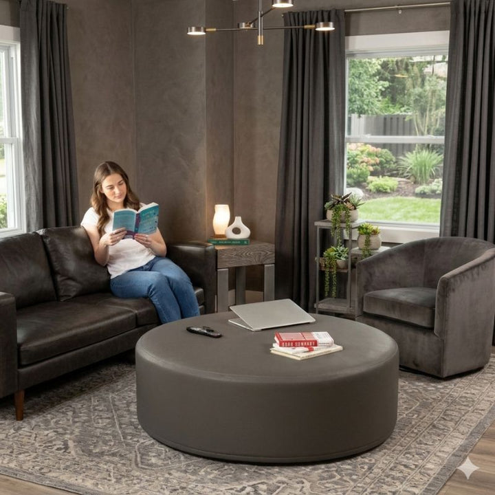 Jaxx Candler round ottoman in grey, used as a coffee table alternative in a styled living room