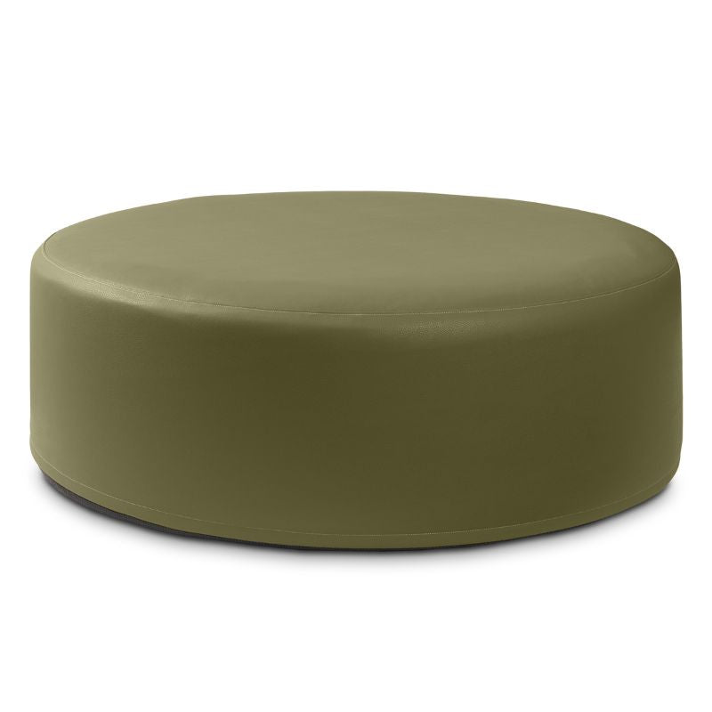 Jaxx Candler round ottoman in olive green, flexible foam seating for classrooms and libraries