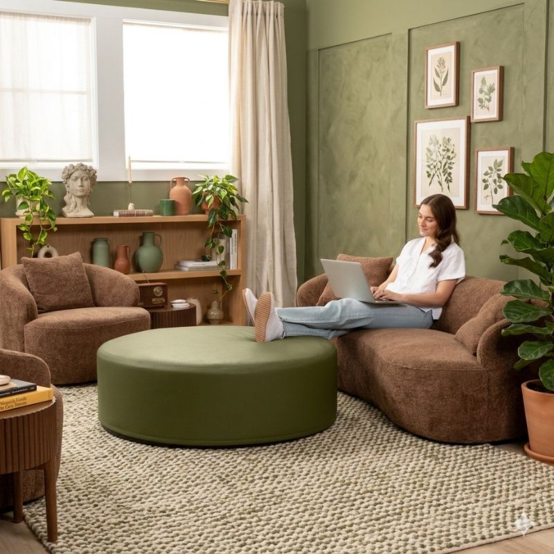 Jaxx Candler round ottoman in olive green, used as a coffee table alternative in a styled living room