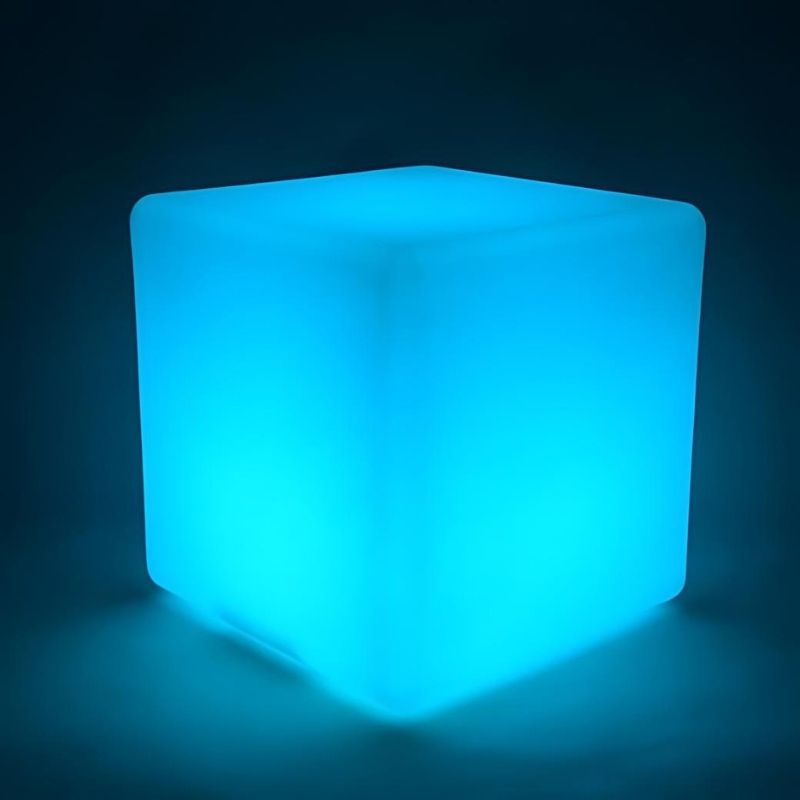 ROYLCO LED Colour Changing Light Cube in cyan light mode, showing the vibrant colour range of this rechargeable sensory LED cube for early childhood and occupational therapy settings