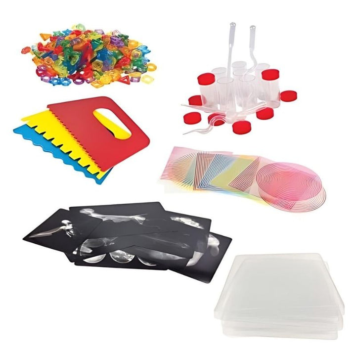 ROYLCO LED Colour Changing Light Cube Sensory Exploration Kit complete set showing all included items - trays, X-rays, optical illusion sheets, pipettes, vials, and rings