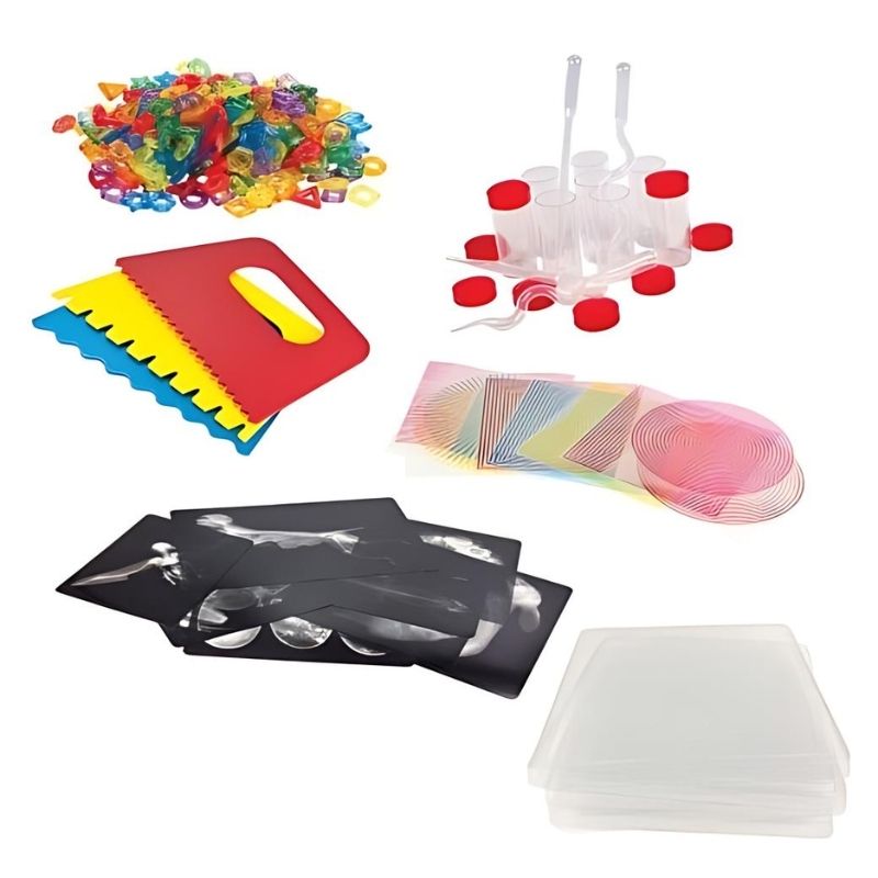 ROYLCO LED Colour Changing Light Cube Sensory Exploration Kit complete set showing all included items - trays, X-rays, optical illusion sheets, pipettes, vials, and rings