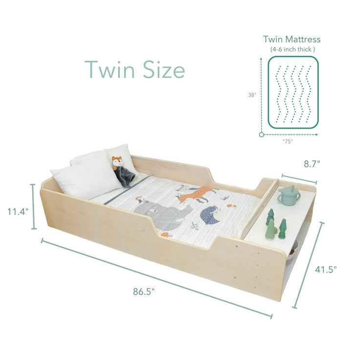 Dimension diagram for the Sapiens Child Apple Montessori floor bed with rails showing crib and twin size measurements including width, length, and height specifications