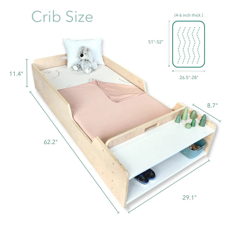 Sapiens Child Apple Montessori floor bed with rails in Natural Maple plywood finish, showing the smooth varnished surface and slatted base for airflow and hygiene