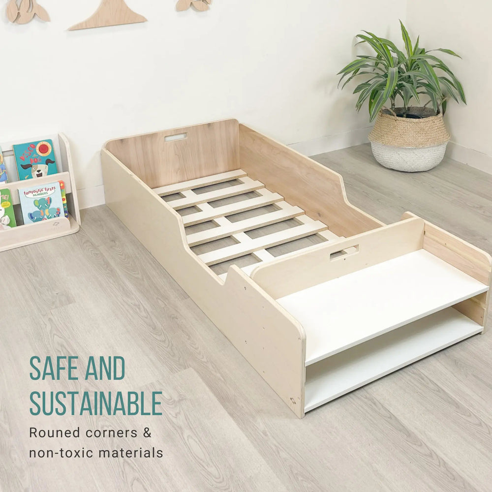 Sapiens Child Apple Montessori floor bed with rails showing the safe, sustainable maple plywood construction with rounded edges and non-toxic eco-friendly finish made in Vancouver