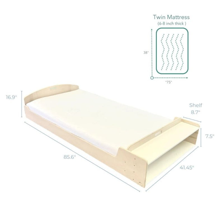 Dimension diagram for the Sapiens Child Cherry Twin Montessori floor bed showing 41.45 inch width, 76.9 inch length, and 16.9 inch height specifications