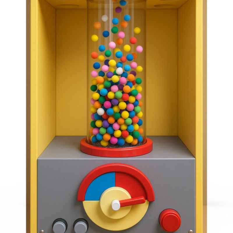 LiteZilla PomPom Cyclone sensory air tube filled with colourful swirling pom poms rising through a clear tube above a yellow control console