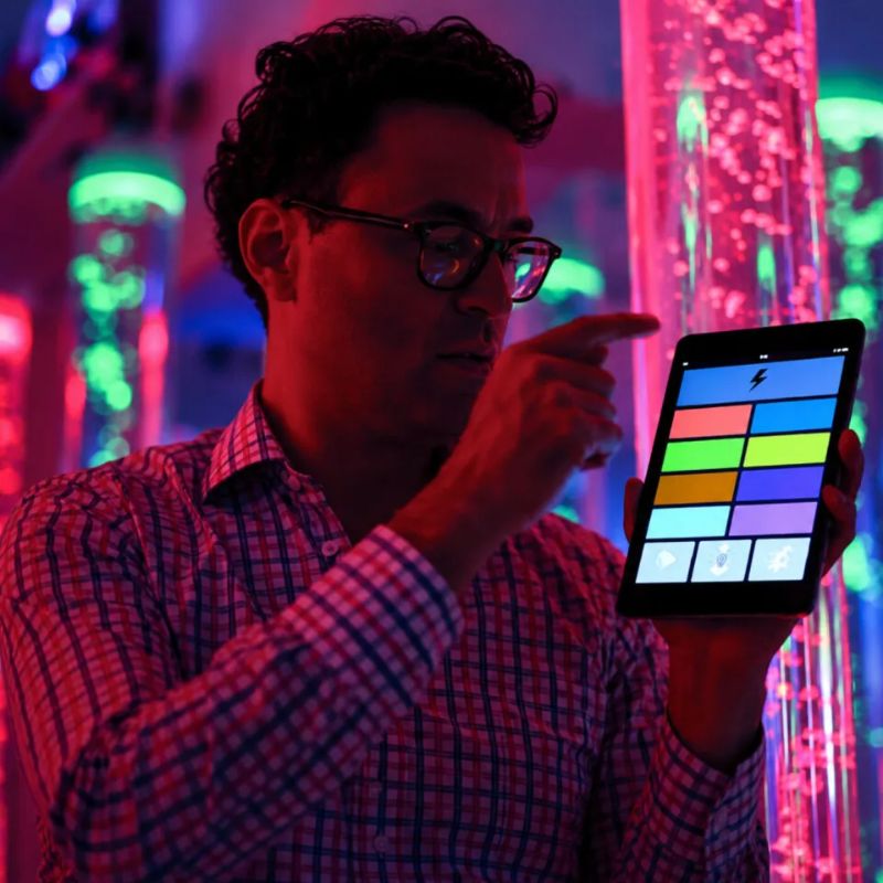 Man choosing colours on the tablet app that controls the TFH Genie System Bubble Tube, an app-controlled sensory bubble tube for multi-sensory rooms