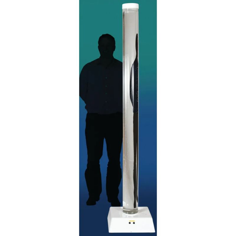 TFH Interactive LED Bubble Tube shown beside an adult silhouette for height comparison, a floor-standing sensory bubble tube for therapy rooms and schools