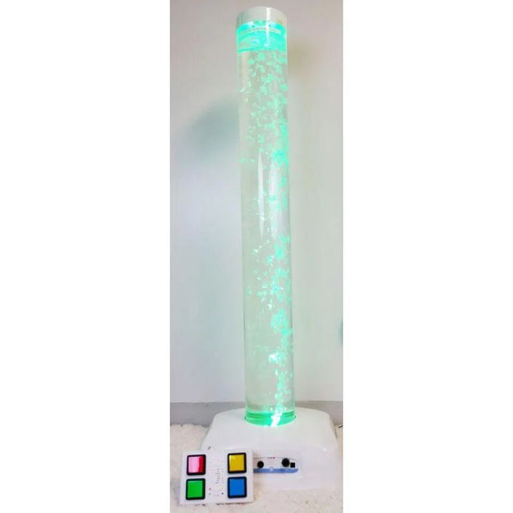 TFH Interactive LED Bubble Tube glowing green beside its four-button colour switch pad, an interactive sensory bubble tube for cause-and-effect learning