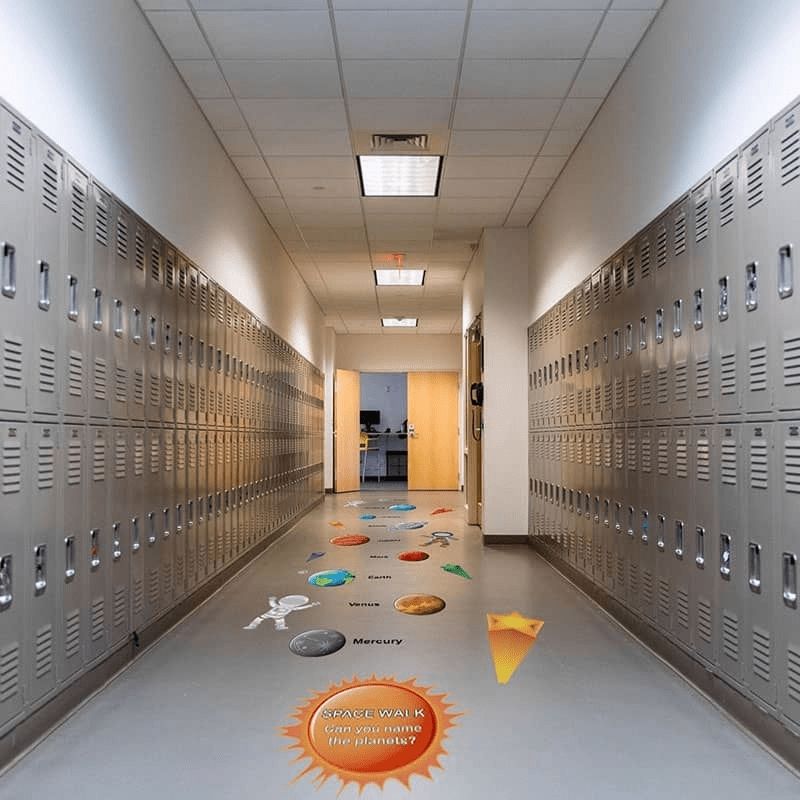 Sensory Paths Blast Off to Space Full Path installed in a school hallway showing the complete space-themed sensory movement corridor with 3M vinyl anti-skid floor decals