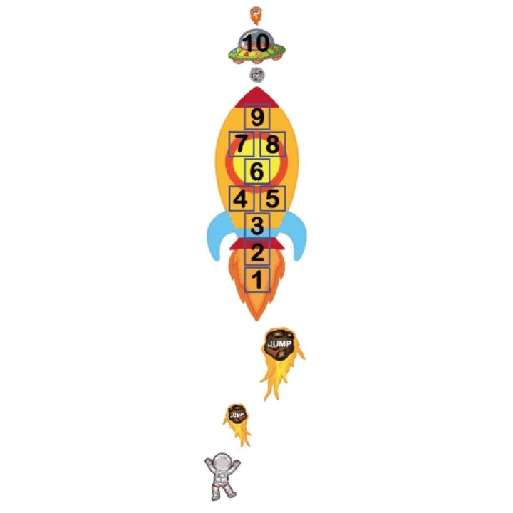 Rockets number countdown station from the Sensory Paths Blast Off to Space Full Path showing the pre-cut anti-skid vinyl sensory hallway decals for school movement paths