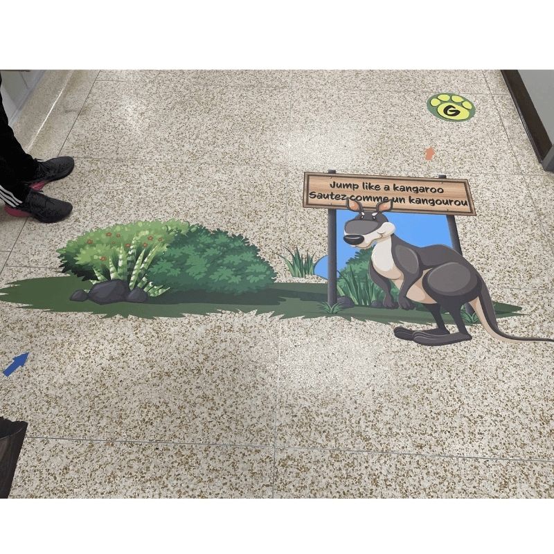 Kangaroo station from the Sensory Paths Jungle Safari Full Path showing the kangaroo animal movement 3M vinyl floor decal for gross motor and proprioceptive sensory activities in school hallways