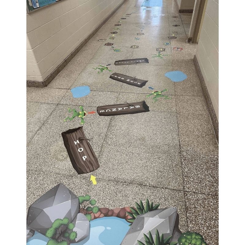 Sensory Paths Wild Wilderness Adventure third hallway setup showing the full interactive floor path length across an 80-100 ft. school hallway