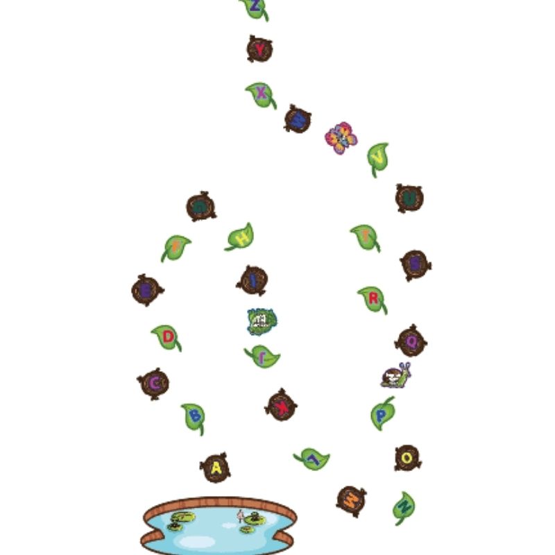 Sensory Paths Wild Wilderness Adventure middle section showing the leaf and tree cookie alphabet path and pond decals for literacy and movement