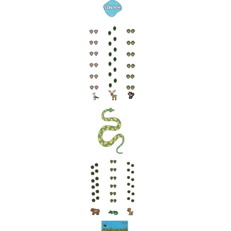 Sensory Paths Wild Wilderness Adventure midway to finish section showing animal paw prints, river scene, and stretch puddle floor decals