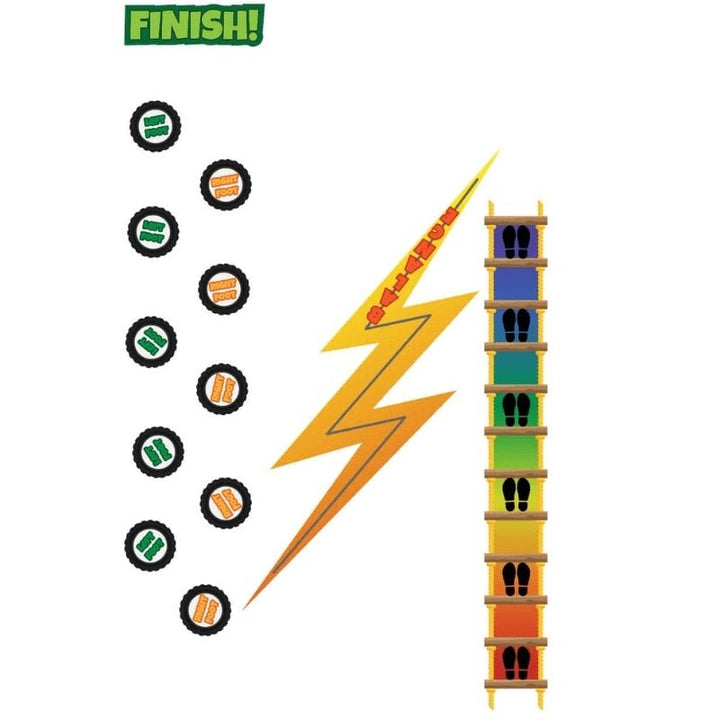 Sensory Paths Xtreme Obstacle finish line section showing the multicoloured speed ladder, balance lightning bolt, and finish marker floor decals