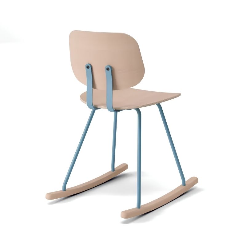 TFH Mindflow Rocking Chair at an angle, a vestibular rocking chair with a wood seat and blue steel frame