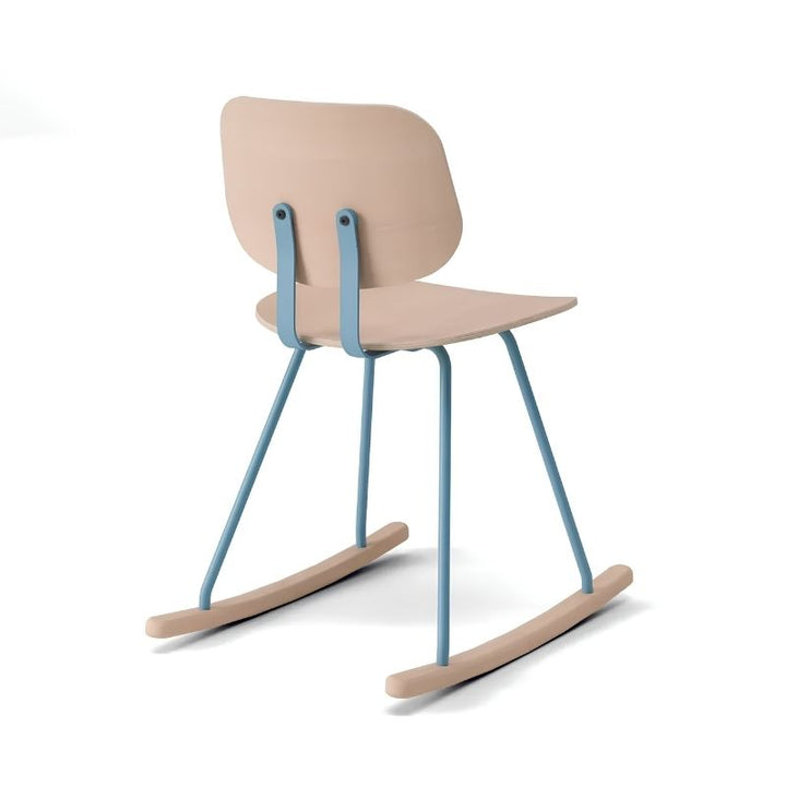 TFH Mindflow Rocking Chair at an angle, a vestibular rocking chair with a wood seat and blue steel frame