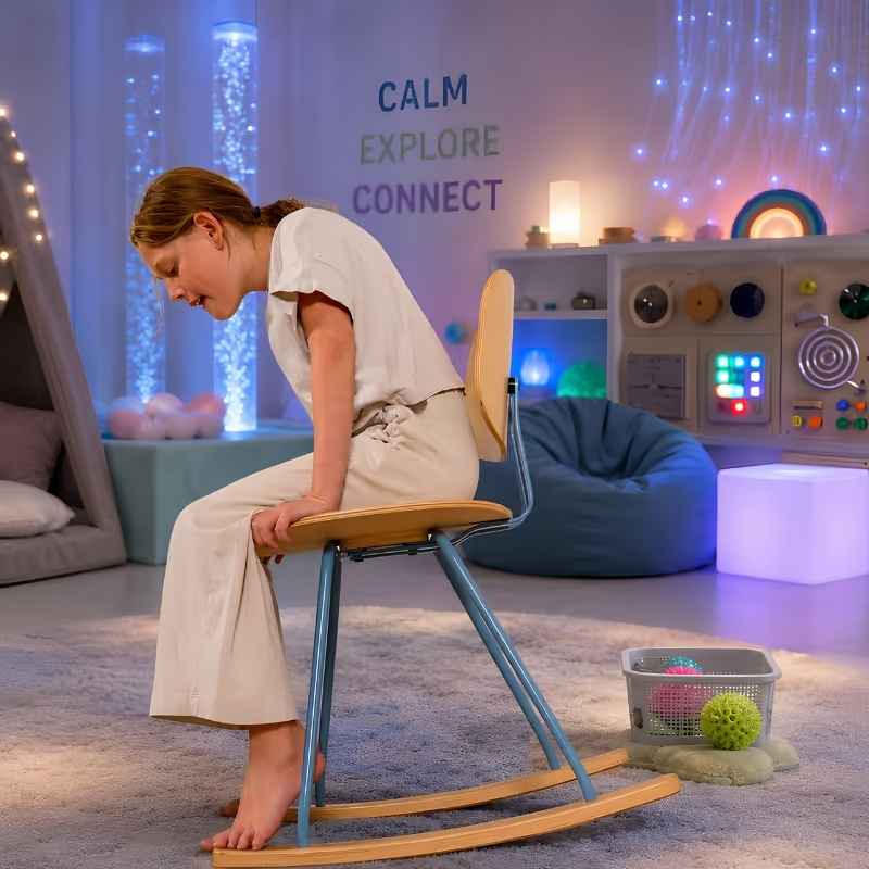 TFH Mindflow Rocking Chair in a calm corner sensory room, a sensory rocking chair for vestibular movement alongside bubble tubes and a sensory wall panel