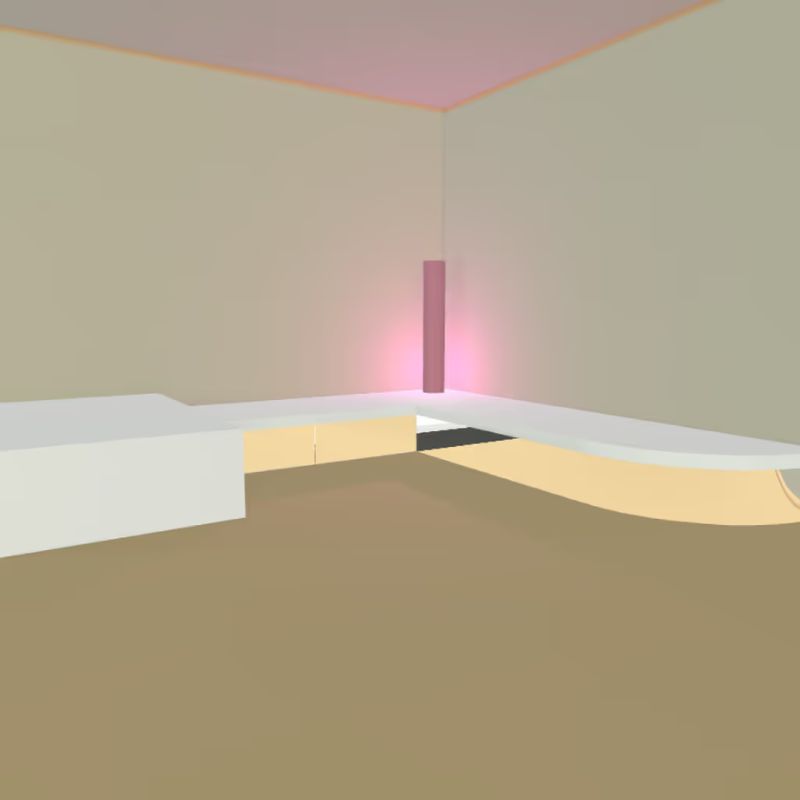 PLACEHOLDER - confirm final image before uploading. 3D rendering of a sensory room layout with a curved podium bench and corner light column, showing a possible Modular Sensory Room System configuration