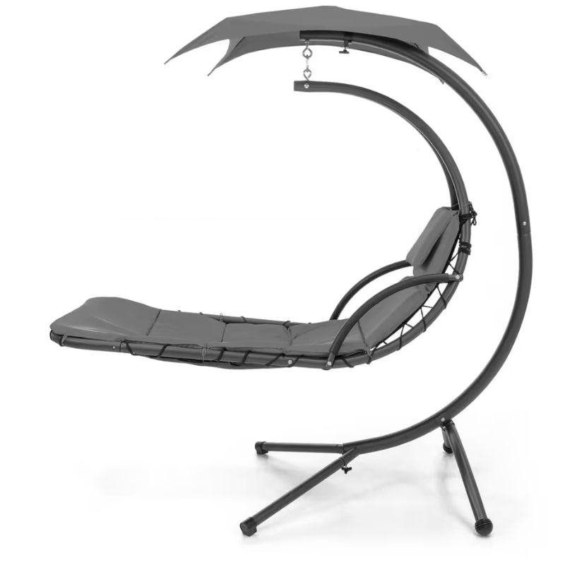 Side profile of the TFH Leaf Chair sensory swing chair showing its curved steel frame, canopy and cushioned cocoon seat for vestibular input