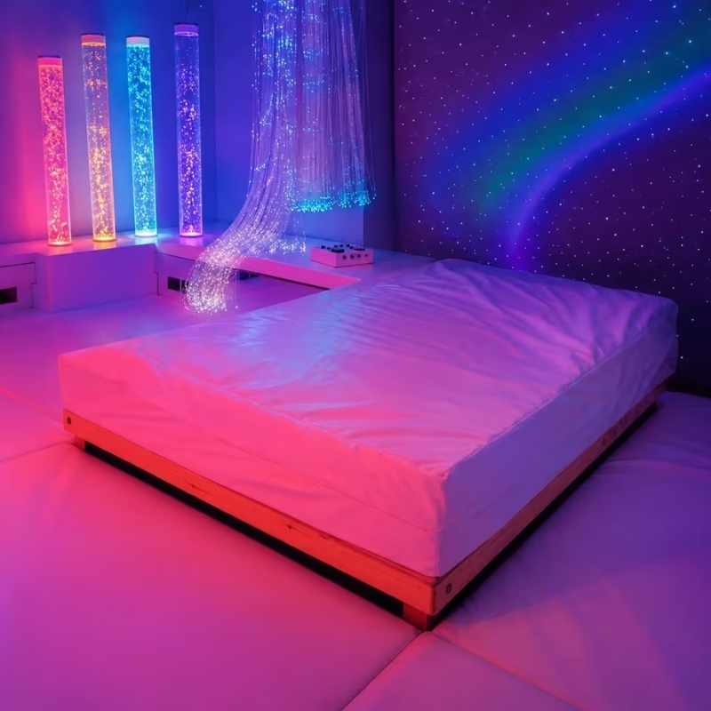 TFH Waterbed with Platform reflecting coloured bubble tube and fibre optic light in a multi-sensory room setup