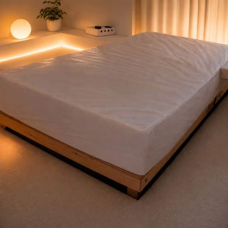 TFH Waterbed with Platform in a warm-lit sensory room, a calming sensory waterbed with a wooden frame for relaxation