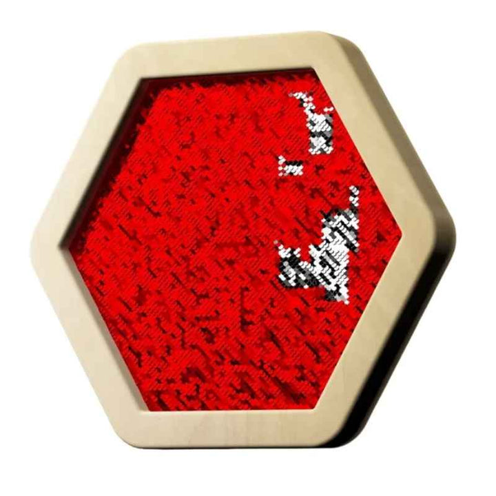 LiteZilla Sequin Flip Hexagon Panel in blue, with gold sequins partially flipped to reveal a pattern on this sensory wall panel