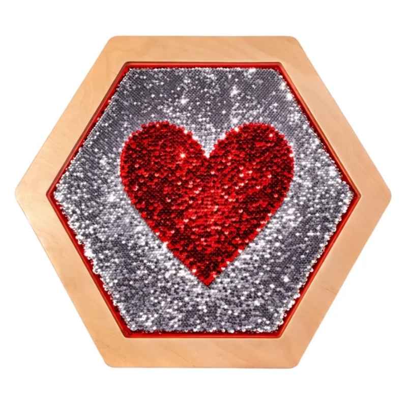LiteZilla Sequin Flip Hexagon Panel in red, showing a silver heart flipped into this interactive sensory wall panel