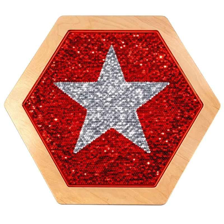 LiteZilla Sequin Flip Hexagon Panel in red, showing a silver star flipped into the reversible sequin sensory wall panel