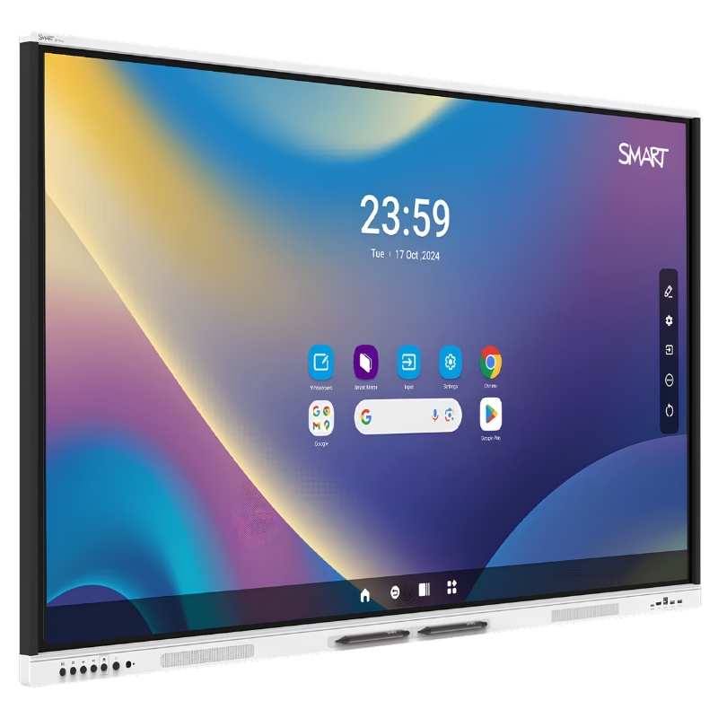 SMART Board GX Plus interactive whiteboard slant front view showing the full 4K UHD display panel with Android 14 embedded OS