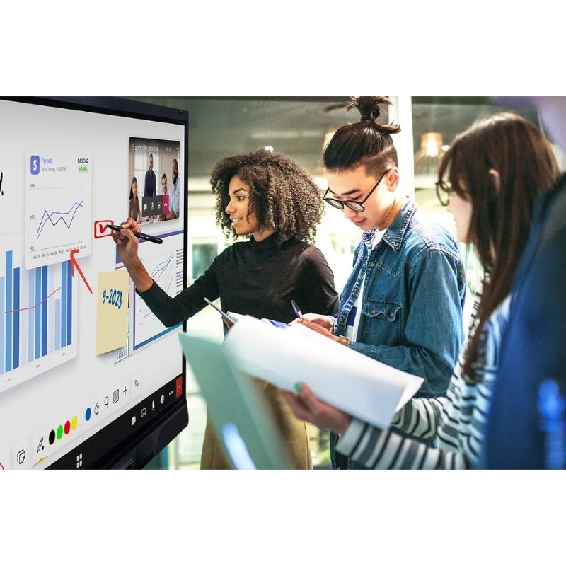 SMART Board QX Pro interactive whiteboard in a hybrid meeting room, showing teams collaborating in person and remotely