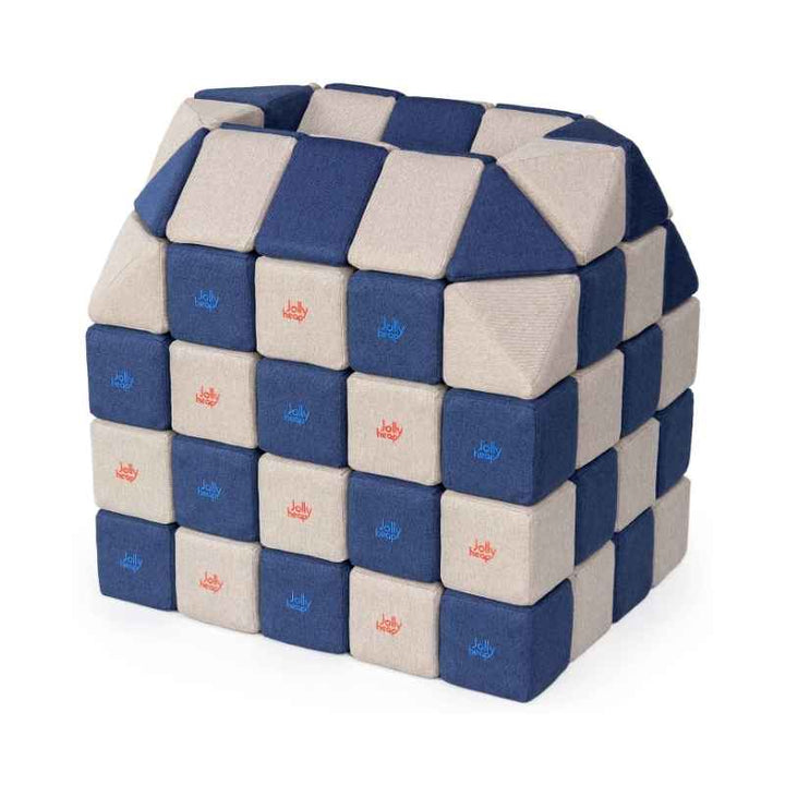 A small structure built with JollyHeap Creative Set soft magnetic blocks in a blue and grey colour combination