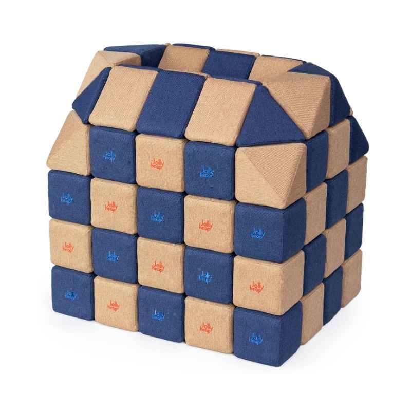 A small structure built with JollyHeap Creative Set soft magnetic blocks in an blue and light brown colour combination
