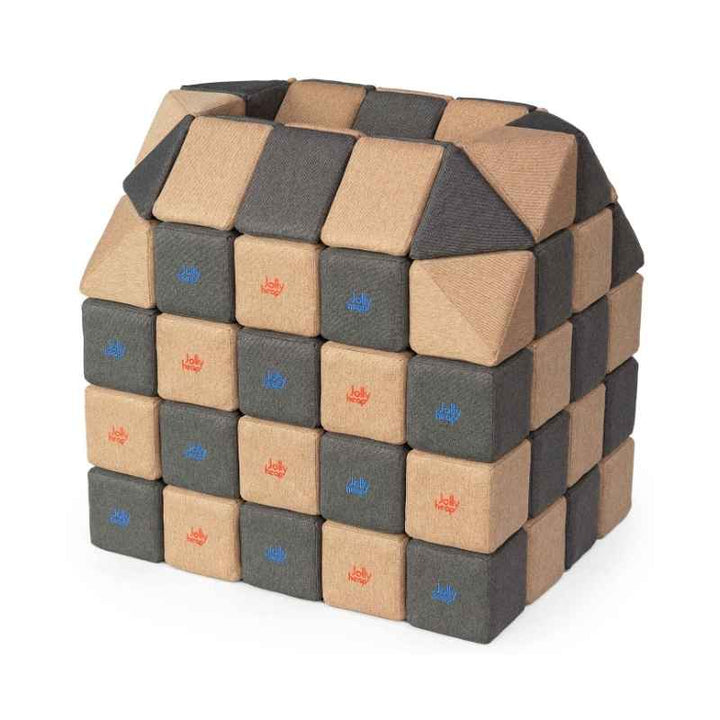 A small structure built with JollyHeap Creative Set soft magnetic blocks in a dark grey and light brown colour combination