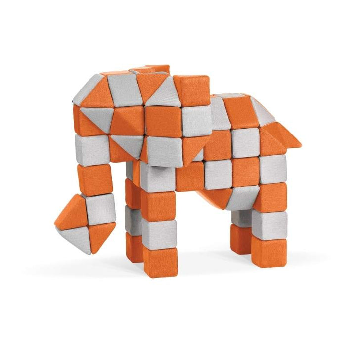 An elephant figure built from JollyHeap Creative Set soft magnetic blocks in orange and grey, showing the set's creative building potential