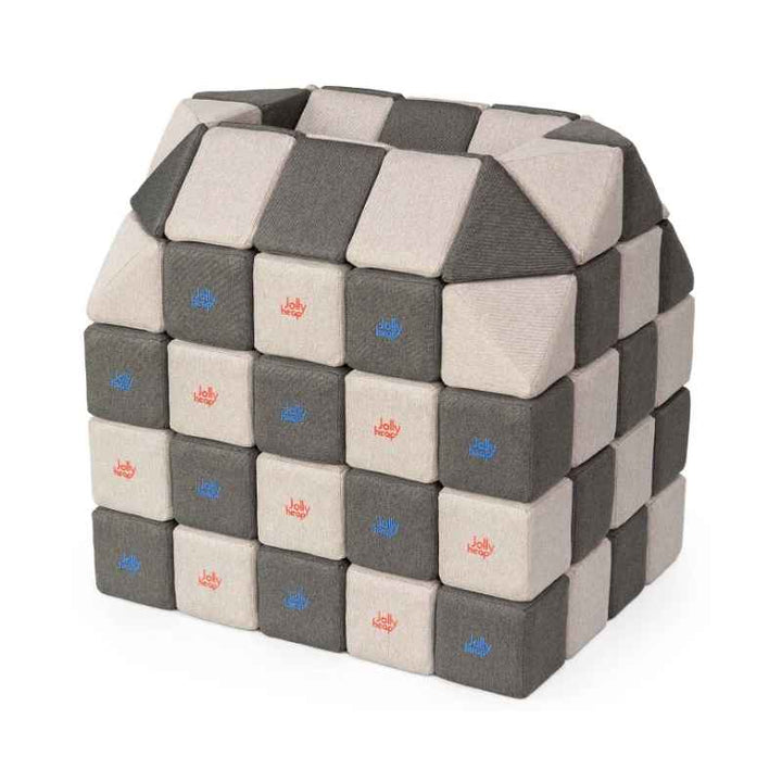 A small structure built with JollyHeap Creative Set soft magnetic blocks in a dark grey and grey colour combination
