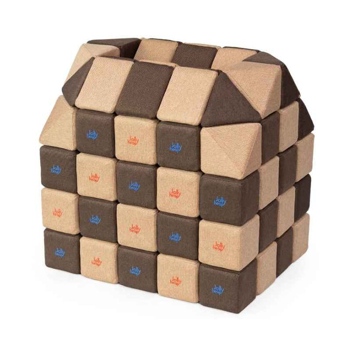 A small structure built with JollyHeap Creative Set soft magnetic blocks in a light brown and dark brown colour combination