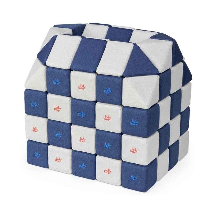 A small structure built with JollyHeap Creative Set soft magnetic blocks in a light grey and blue colour combination