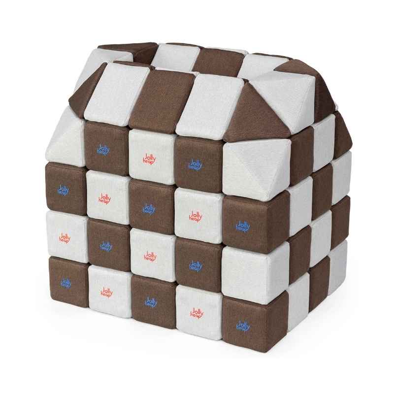 A small structure built with JollyHeap Creative Set soft magnetic blocks in a light grey and dark brown colour combination, one of 36 available colourways