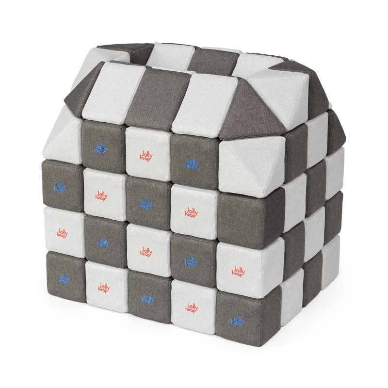 A small structure built with JollyHeap Creative Set soft magnetic blocks in a light grey and dark grey colour combination, one of 36 available colourways